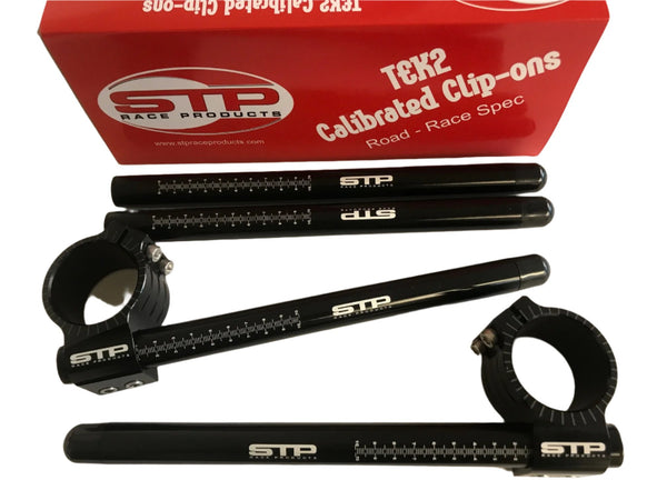 50mm STP Tek2 Calibrated road race black anodised Clip-Ons & Spare Tubes