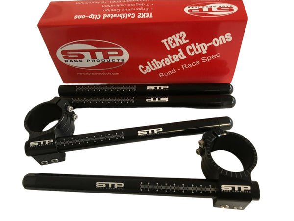 50mm STP Tek2 Calibrated road race black anodised Clip-Ons & Spare Tubes